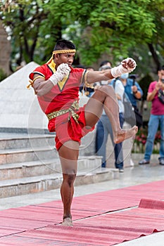 Buakaw Banchamek Famouse Muay Thai Fighter during Wai Kru Ceremony at Tree Kings Monument in Chiang Mai, Thailand on 17 March 2023