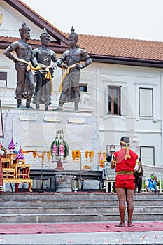 Buakaw Banchamek Famouse Muay Thai Fighter during Wai Kru Ceremony at Tree Kings Monument in Chiang Mai, Thailand on 17 March 2023