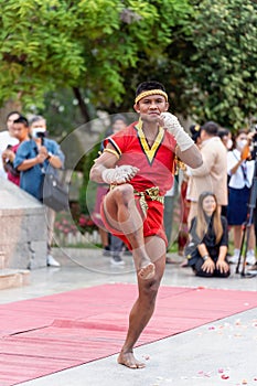 Buakaw Banchamek Famouse Muay Thai Fighter during Wai Kru Ceremony at Tree Kings Monument in Chiang Mai, Thailand on 17 March 2023