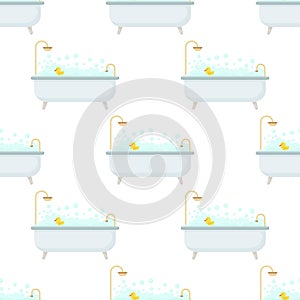 Bubble bath seamless pattern. Vector interior illustration in flat style. Bathroom with furniture. Bathroom interior