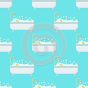 Bubble bath seamless pattern. Vector interior illustration in flat style. Bathroom with furniture. Bathroom interior