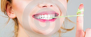 Bubble chewing girl, bubble gum portrait. Teeth whitening. Closeup face, smile. Woman makeup, bubblegum, gum