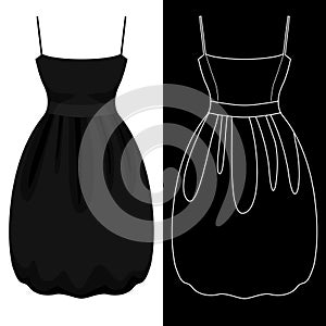 Bubble dress image with white outline silhouette on black