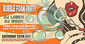 Bubble foam party poster layout. Woman in pop art style. Girl making soap bubbles. Vector retro styled illustration. Pastel