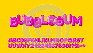 Bubble gum font, brush candy. English alphabet and numbers sign. Vector illustration