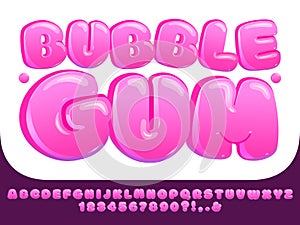 Bubble gum font. Sweet pink chubby letters, glossy lollipop candy numbers and funny alphabet bubbles display typeface