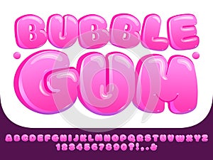 Bubble gum font. Sweet pink chubby letters, glossy lollipop candy numbers and funny alphabet bubbles display typeface vector set
