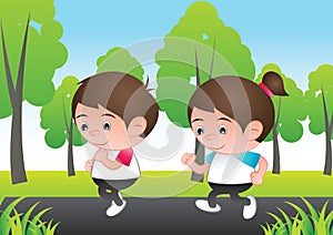 Bubble head boy and girl cartoon jogging run at city nature back