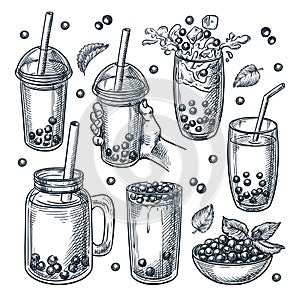 Bubble ice tea drinks set. Summer asian sweet beverages with tapioca pearls. Vector hand drawn sketch illustration