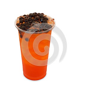 Bubble ice tea strawberry in takeaway glass isolated on white