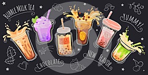 Bubble milk poster. Boba pearl tea with tapioca bubble, smoothies juice dynamic splash for drink menu advertising, cool