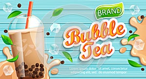 Bubble milk tea banner with delicious tapioca.