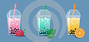 Bubble Milk Tea with berry and tapioca pearls bobas vector photo