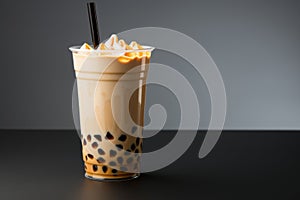 Bubble milk tea or coffee with black boba straw. AI Generated