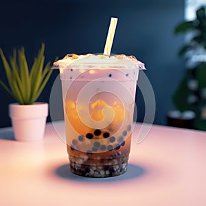 Bubble milk tea or coffee with black boba straw. AI Generated