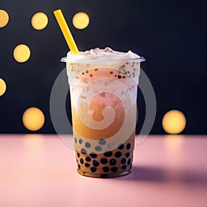 Bubble milk tea or coffee with black boba straw. AI Generated