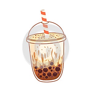 Bubble milk tea with coffee flavor and boba pearls in takeaway cup. Asian cold drink, bubbletea with tapioca. Milky photo