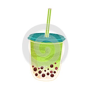 Bubble milk tea in cup. Asian pearl matcha drink with boba, tapioca balls. Fresh fruit bubbletea in glass with straw photo