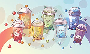 Bubble milk tea cup design collection,Pearl milk tea , Yummy drinks, coffees and soft drinks with doodle style banner