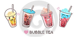 Bubble milk tea cups with cute faces, boba drink characters. Pearl milk drinks with tapioca pearls, cold summer boba