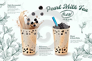 Bubble milk tea menu  ads with delicious tapioca and pearl pouring into glass cup 3d illustration.