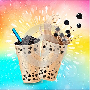 Bubble milk tea menu  ads with delicious tapioca and pearl pouring into glass cup 3d illustration.