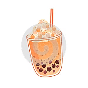Bubble milk tea with orange juice flavor. Pearl boba drink in glass cup with bubbles, cream, fruit. Thai tapioca photo
