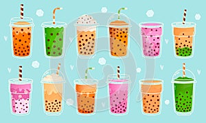 Bubble milk tea. Pearl milk tea, matcha milk, cocoa, fruit flavours and green tea, asian cute drinks. Boba milk tea with