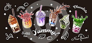 Bubble milk tea poster. Ice coffee cup, milkshake drink, food dessert chocolate mocha cream and cute smoothie on black