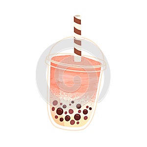 Bubble milk tea in takeaway glass with straw. Asian boba drink with fruit flavor. Cold cocktail, smoothie. Milky