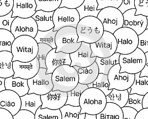 Bubble pattern Hello in different languages. Learning Greetings in world languages. Word in chat. Crowd of tourists.