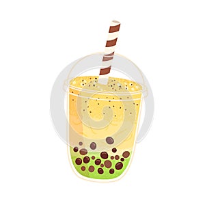 Bubble pearl milk tea with fruits flavors and boba balls. Asian drink in cup with straw. Cold summer cocktail, Thai photo