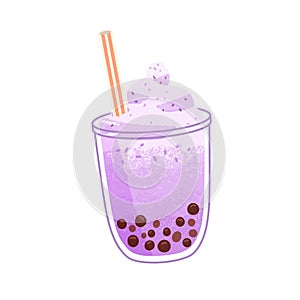 Bubble pearl tea in glass cup. Taro boba milk drink with cream and straw. Asian tapioca beverage with coffee beans