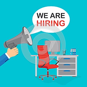 Bubble speech with text We are hiring. Red office chair with sign vacant on the background with computer table. Hiring