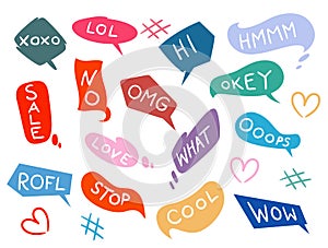 Bubble talk phrases. Collection of colorful speech clouds for online chat messages with text. Isolated abstract dialogue