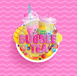 Bubble tea banner. Bubbletea with fruits, berries. photo