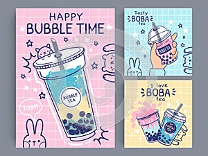Bubble tea banner. Famous drink asian bubble tea, taiwanese green or fruit tea with balls in plastic cups, pearl milk photo
