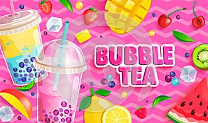 Bubble tea banner on sweet pink background. photo