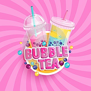 Bubble tea banner on sweet sunburst background.