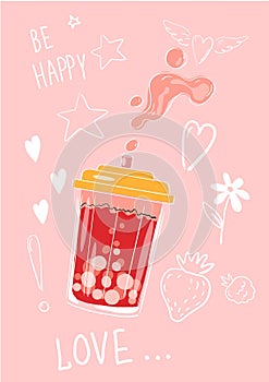 Bubble tea. Be happy card. Funny drawing. Cocktail glass with straw and milk splash. Tasty beverage. Love and stars