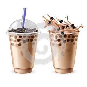 Bubble tea. Bubbles milk drinks with black tapioca, delicious milkshake, sweet liquid dessert with balls, popular asian