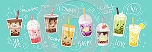 Bubble tea, coffee drink. Doodle cup of ice milk, milkshake in glasses, cute cartoon beverages for cafe menu, dessert ad