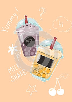 Bubble tea. Cold summer drink with tropical fruits and tapioca balls, transparent plastic cups, sweet Asian beverage