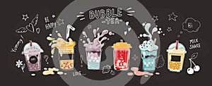 Bubble tea cup. Cartoon hand drawn poster of sweet drinks. Glasses and splashing liquid. Collection of yummy milk shakes