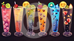 The bubble tea cup set with fruit, berries, chocolate, milkshake cocktails, boba drinks, summer cafe ice menu, trendy