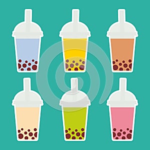 Bubble Tea with different fruits and berries. Milk Cocktails in plastic cup, tubule. Different sorts of Bubble Tea Cocktails. past