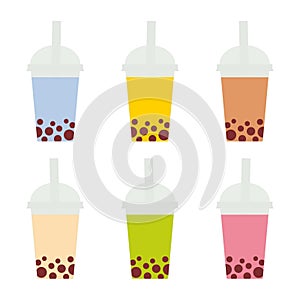 Bubble Tea with different fruits and berries. Milk Cocktails in plastic cup, tubule. Different sorts of Bubble Tea Cocktails. past