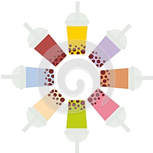 Bubble Tea with different fruits and berries. Round frame Milk Cocktails in plastic cup, tubule. Different sorts of Bubble Tea Coc