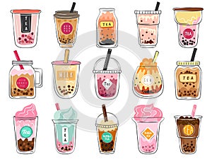Bubble tea doodles. Dessert asian drinks in plastic cups delicious cold mocha freshness tea vector illustrations set