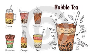 Bubble tea drink. Yummy chocolate menu, smoothie or coffee, milkshake promotion. Doodle iced summer flavoured asian